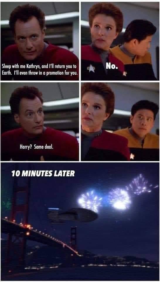 This meme is a still image from the TV show Star Trek: The Next Generation. It shows Captain Jean-Luc Picard (played by Patrick Stewart) and his friend, Deanna Troi, who is a counselor on the ship. The image is a split-screen comparison of two scenes: in the first, Picard is saying "Sleep, Captain. I'll have you beamed to the planet..." and in the second, he is saying "Make it so" and then the image suddenly cuts to a scene of a massive explosion on a planet, with the caption "10 minutes later".